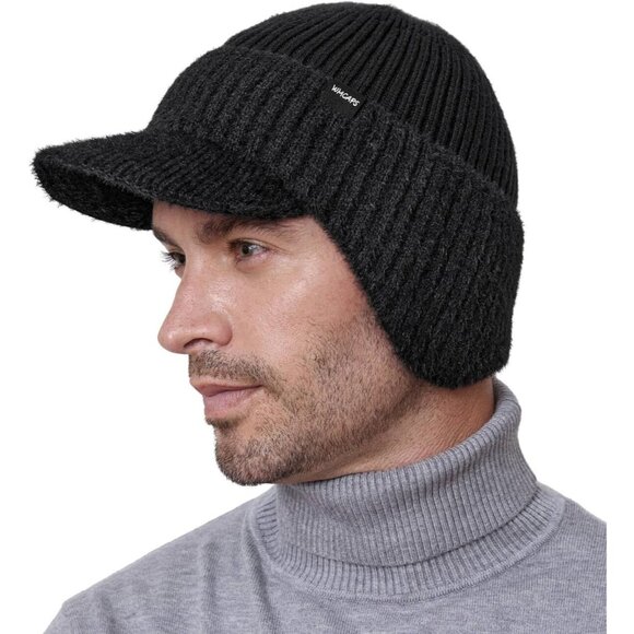 Winter Beanie with Brim and Ear Flaps Fleece Lined Warm Knit Hat for Men Women